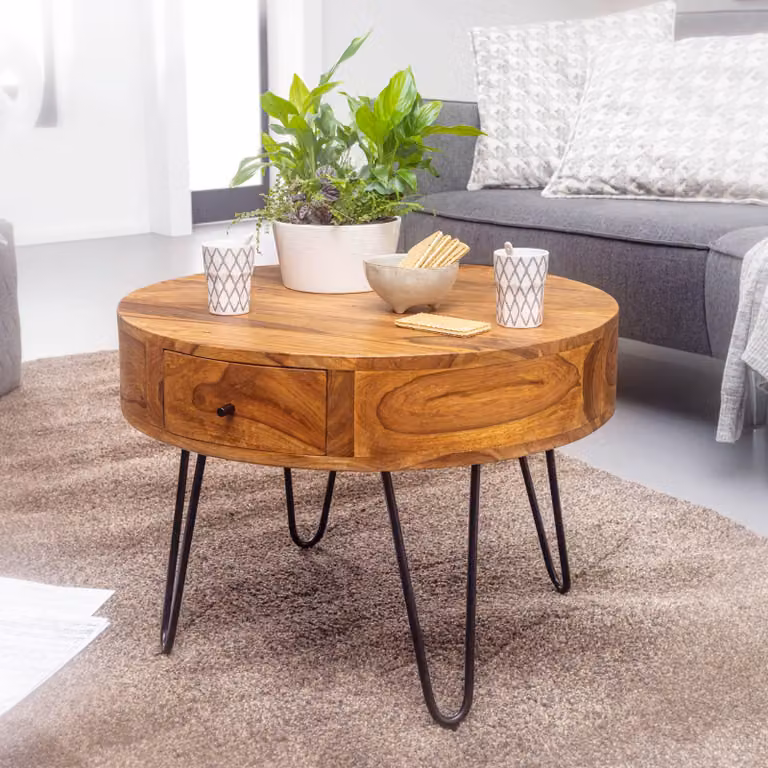 Tavolo FineBuy Tavolo FineBuy in legno massiccio Sheesham / metallo 60x44,5x60 cm tavolo soggiorno | Tavolino di design con cassetti | Tavolino soggiorno rotondo