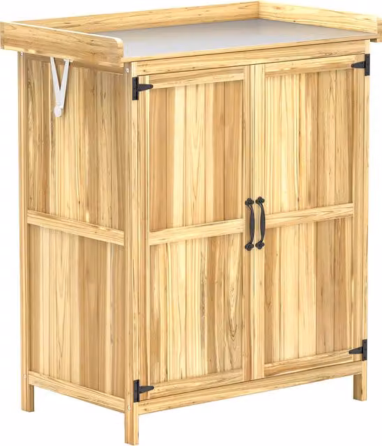 Armadietto da esterno Outsunny in legno e metallo con ripiani interni e 2 ante, color marrone rustico per giardino e terrazzo