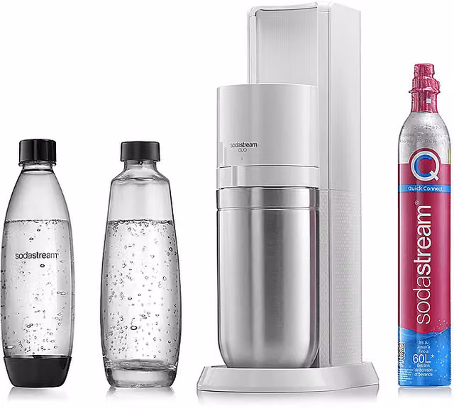 SodaStream DUO Gasatore d'Acqua Bianco con 2 Bottiglie da 1L in Vetro e PET e Cilindro CO2 Quick Connect – 1