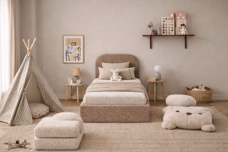 Letto Sofello MOON, colore marrone, 90x200 cm, struttura in metallo e ottone, alta qualità, ideale per bambini, offre spazio per il letto e per riporre oggetti