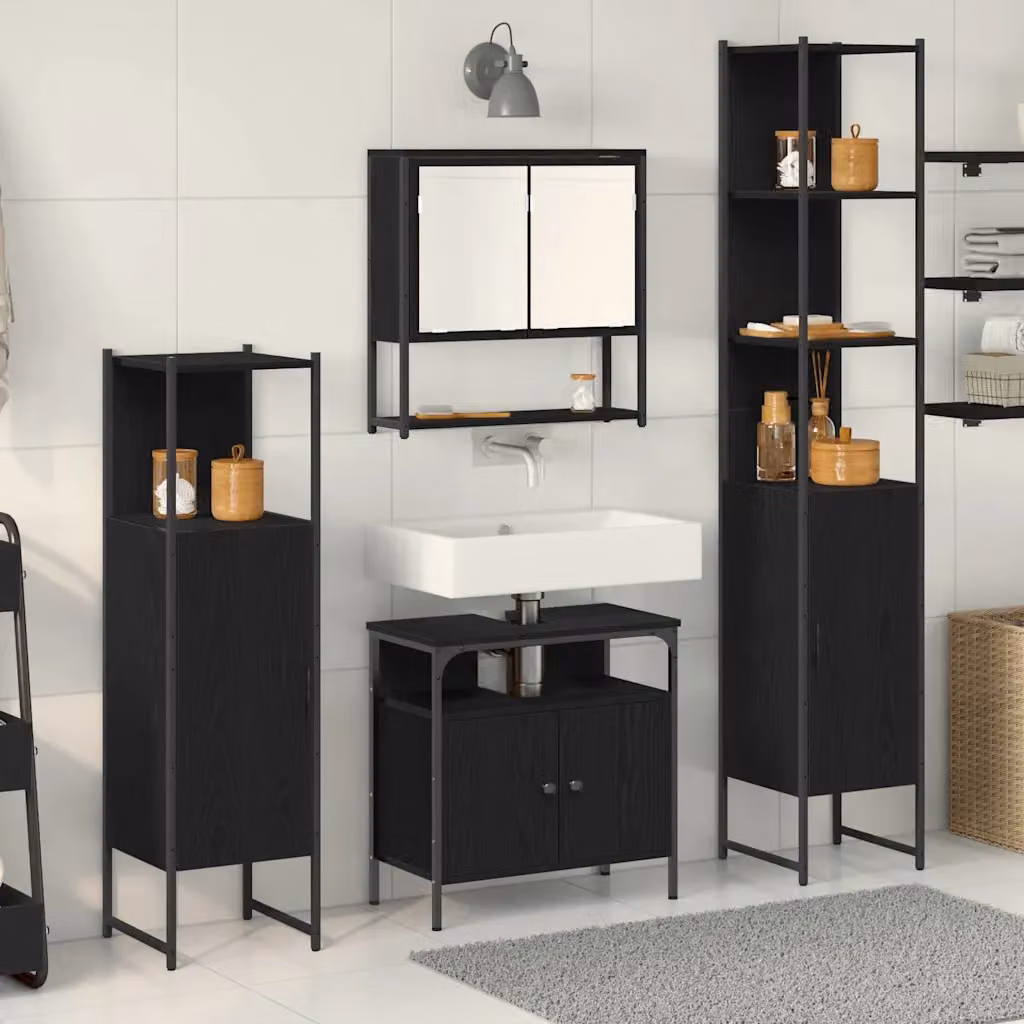 Set di mobili per il bagno moderno vidaXL in nero con armadietto a specchio e mobile lavabo, L/P/H: 60,0 x 30,0 x 185,5 cm