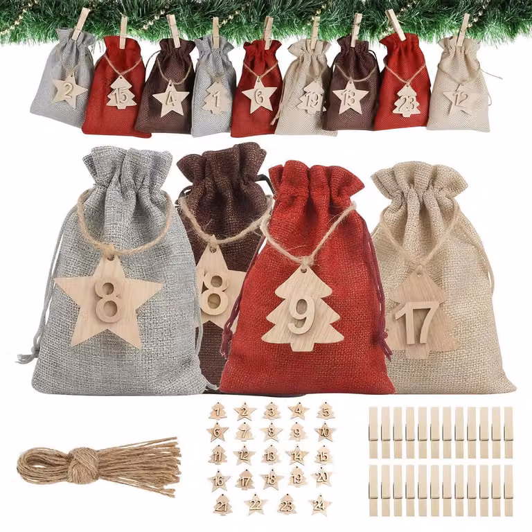 Calendario dell'Avvento da riempire, 24 sacchetti, calendario di Natale fai-da-te, tessuto, 4 colori, con applicazioni in legno e graffette