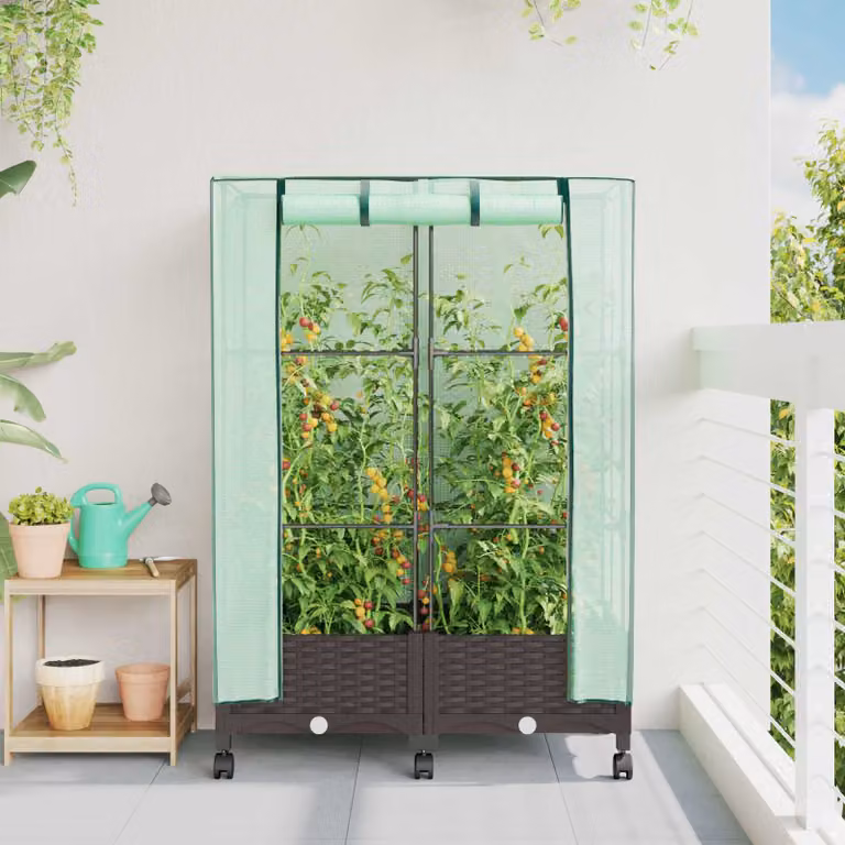 Set di 2 vasi da giardino con copertura per serra e ruote vidaXL, colore marrone, in plastica