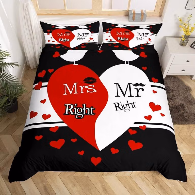 Solidchoice - Set di lenzuola con copripiumino romantico per coppie, nei colori rosso e nero