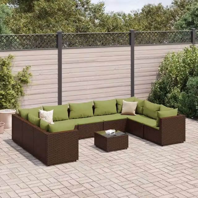 Set da giardino moderno vidaXL composto da 10 pezzi con divano a L, tavolino da caffè e cuscini in polyrattan marrone e verde con struttura in acciaio verniciato a polvere