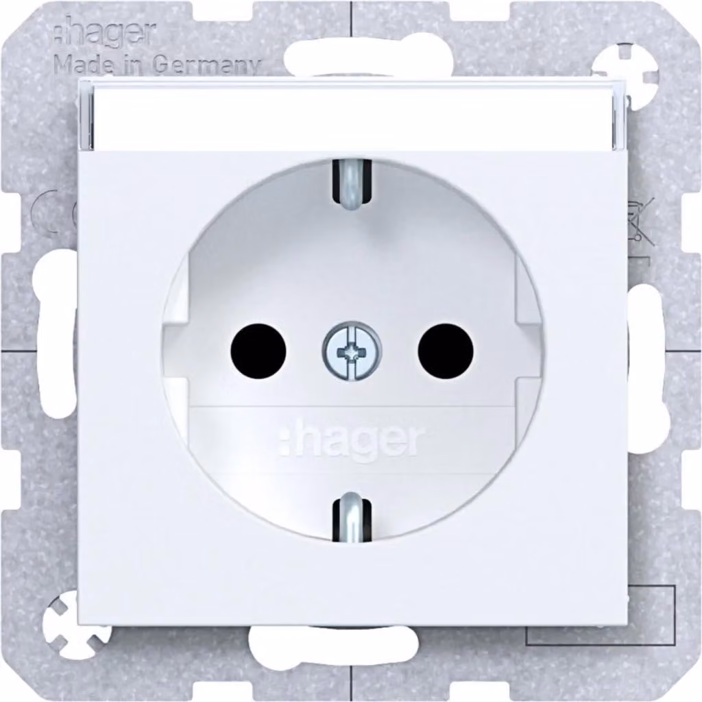 Prese SCHUKO Hager con campo per etichettatura e protezione antiscottatura, colore bianco opaco, confezione da 10 pezzi.