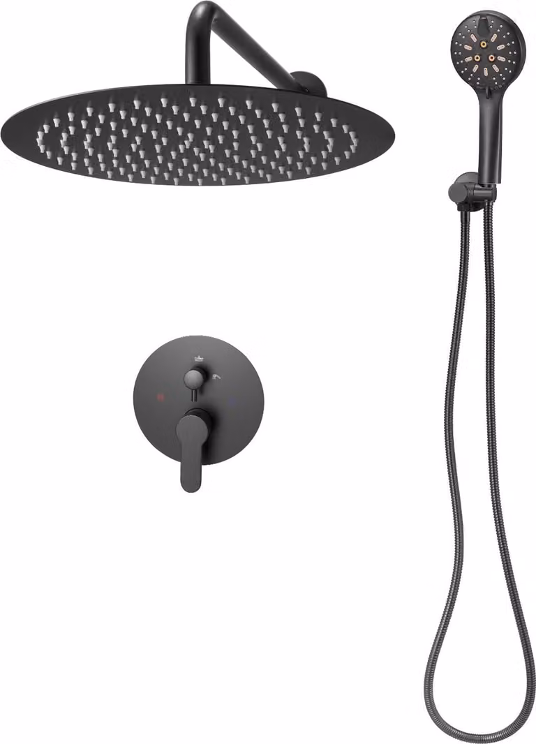 SucceBuy miscelatore doccia a pioggia per bagno con soffione a pioggia rotondo da 305 mm e doccetta, sistema doccia a parete con valvola in ottone resistente e set decorativo, design nero opaco