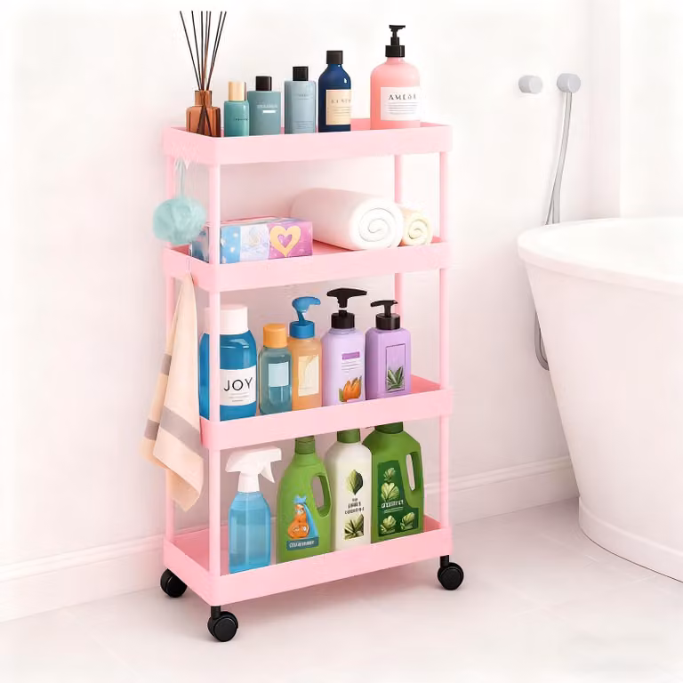 Carrello portante sottile a 4 ripiani, organizer mobile per scaffali ideale per spazi ristretti (rosa)