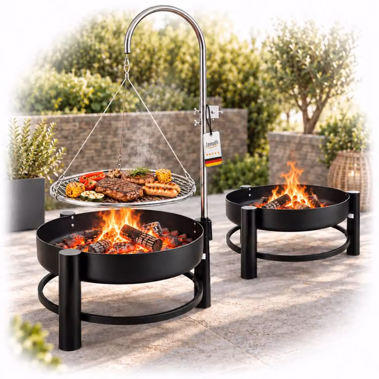 Barbecue a carbonella - Braciere a fossa in acciaio con griglia regolabile - 55 cm - Nero, effetto ruggine - Per giardino e terrazza