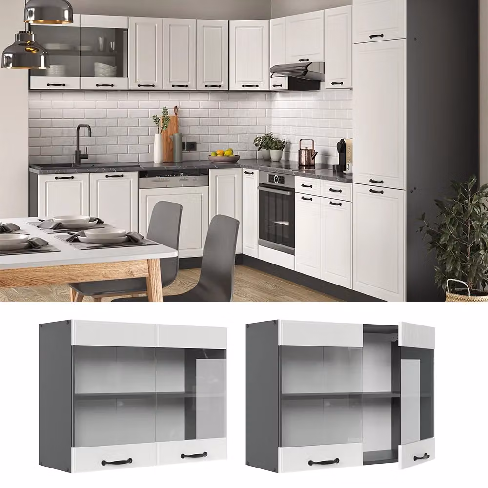 Pensile da cucina Vicco R-Line con ante in vetro, Bianco rustico e Antracite, L: 80 cm, H: 60 cm, P: 31 cm – 2