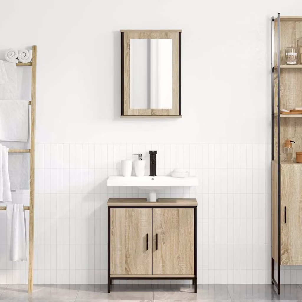 vidaXL Set di mobili per il bagno moderno composto da mobiletto con specchio e mobile lavabo, Marrone e Nero, L: 60 cm, P: 30 cm, H: 60 cm