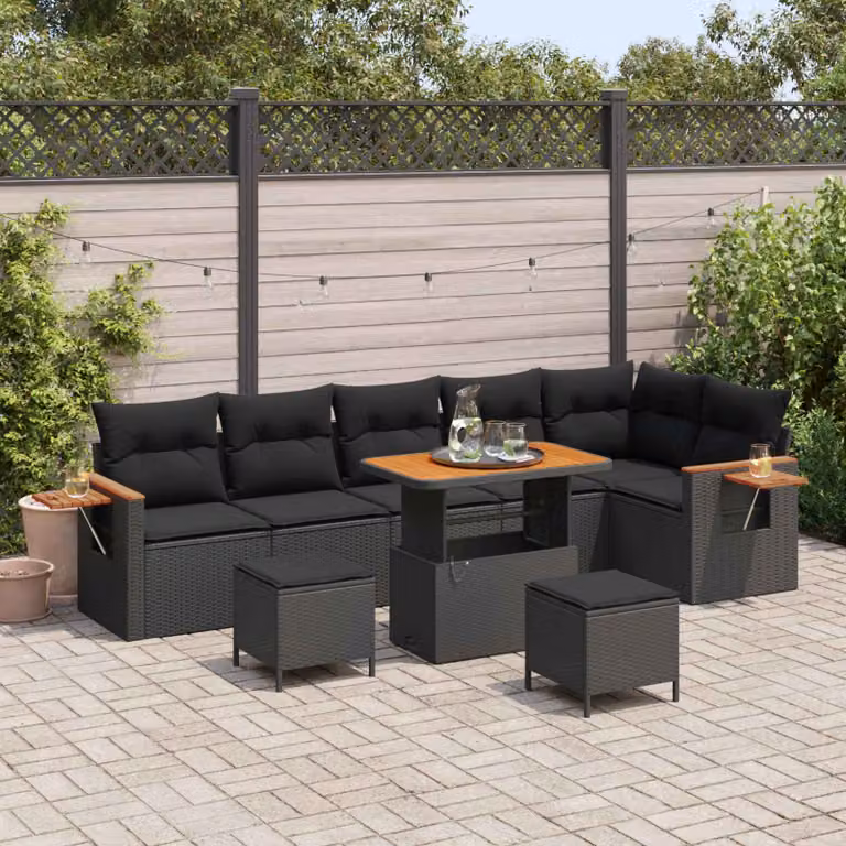 Set Divano da Giardino vidaXL 9 Pezzi Moderno a Forma di U Nero con Cuscini e Tavolino da Esterno in Polyrattan e Acciaio Verniciato a Polvere