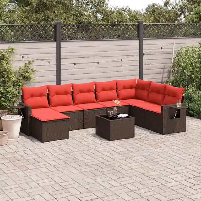 Set Divani da Giardino 9 pz con Cuscini Marrone in Polyrattan 3220573