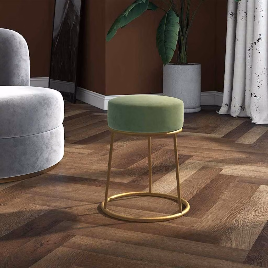 Sgabello rotondo vidaXL in velluto verde con struttura in metallo dorato, Diametro: 30 cm, Altezza: 38 cm