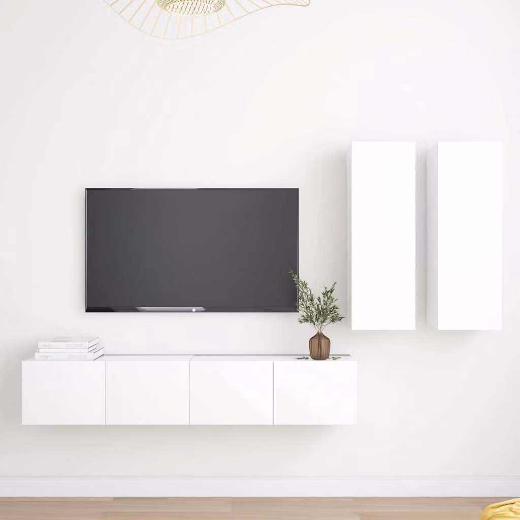 Set di mobili porta TV vidaXL in legno multistrato bianco, design minimalista e lucido, da appendere a parete, 4 pezzi