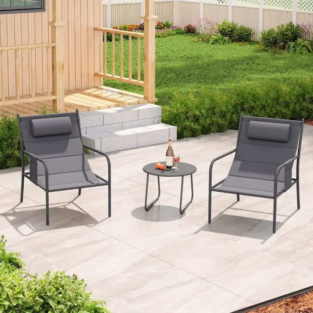Set da bistrot per esterni Design Mania composto da 3 pezzi in metallo grigio opaco con tavolino rotondo e sedute traspiranti – 2