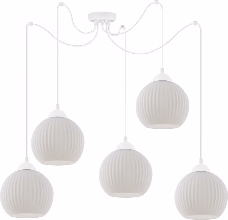 Lampada a sospensione Spider Riffle White a 5 luci con paralumi a sfera bianchi E27