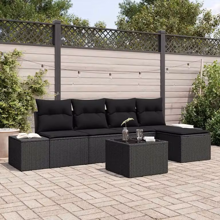 Set Divano da Giardino vidaXL 5 Pezzi in Polyrattan Nero con Cuscini e Tavolino