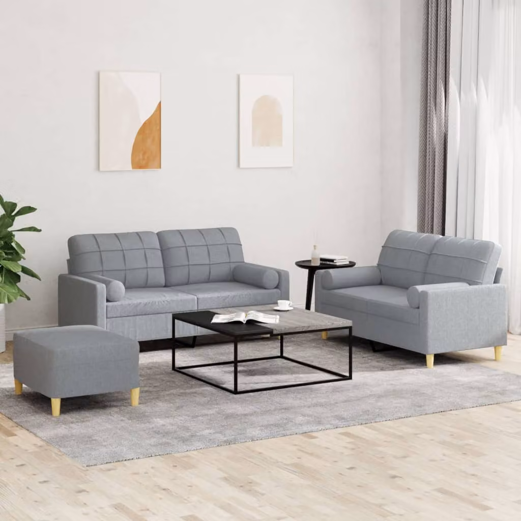 Set di Divani 3 Pezzi vidaXL in Tessuto Grigio con Cuscini e Imbottitura in Schiuma per Soggiorno Moderno – 1