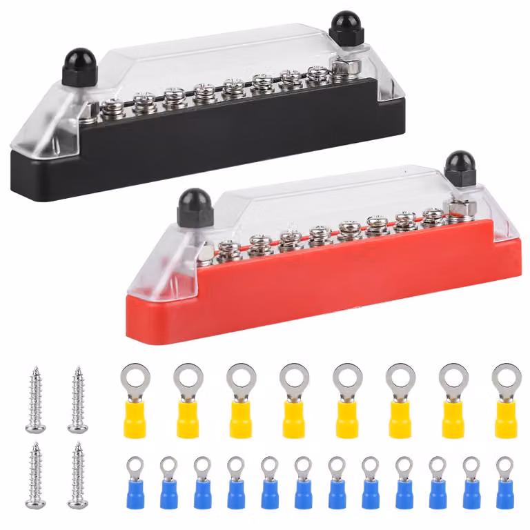 Blocco di distribuzione DC da 150A, verde, con 6 morsetti M8 e 2 morsetti M6, per tensioni da 12V a 48V