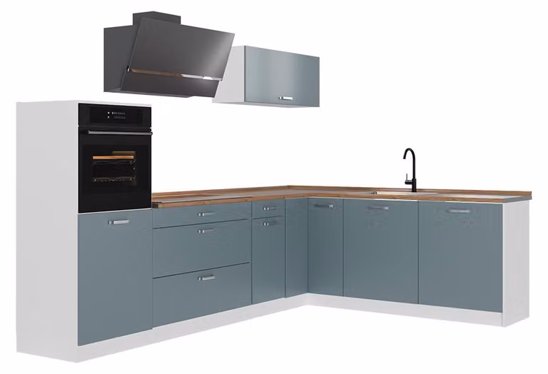 Cucina angolare completa Vicco R-Line Grigio-blu/Bianco 287 x cm senza piano di lavoro, Model 67540