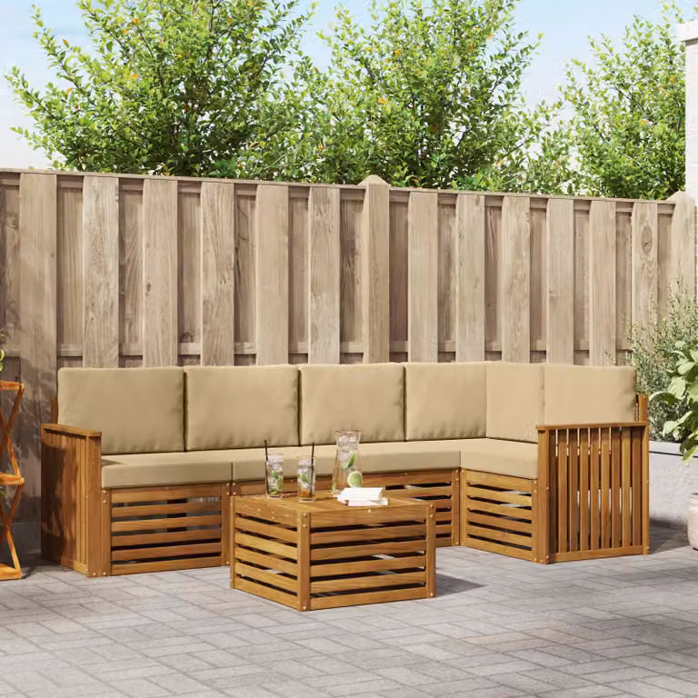 Set di divani da esterno vidaXL 6 pz in legno di acacia e poliestere, colore beige e bianco
