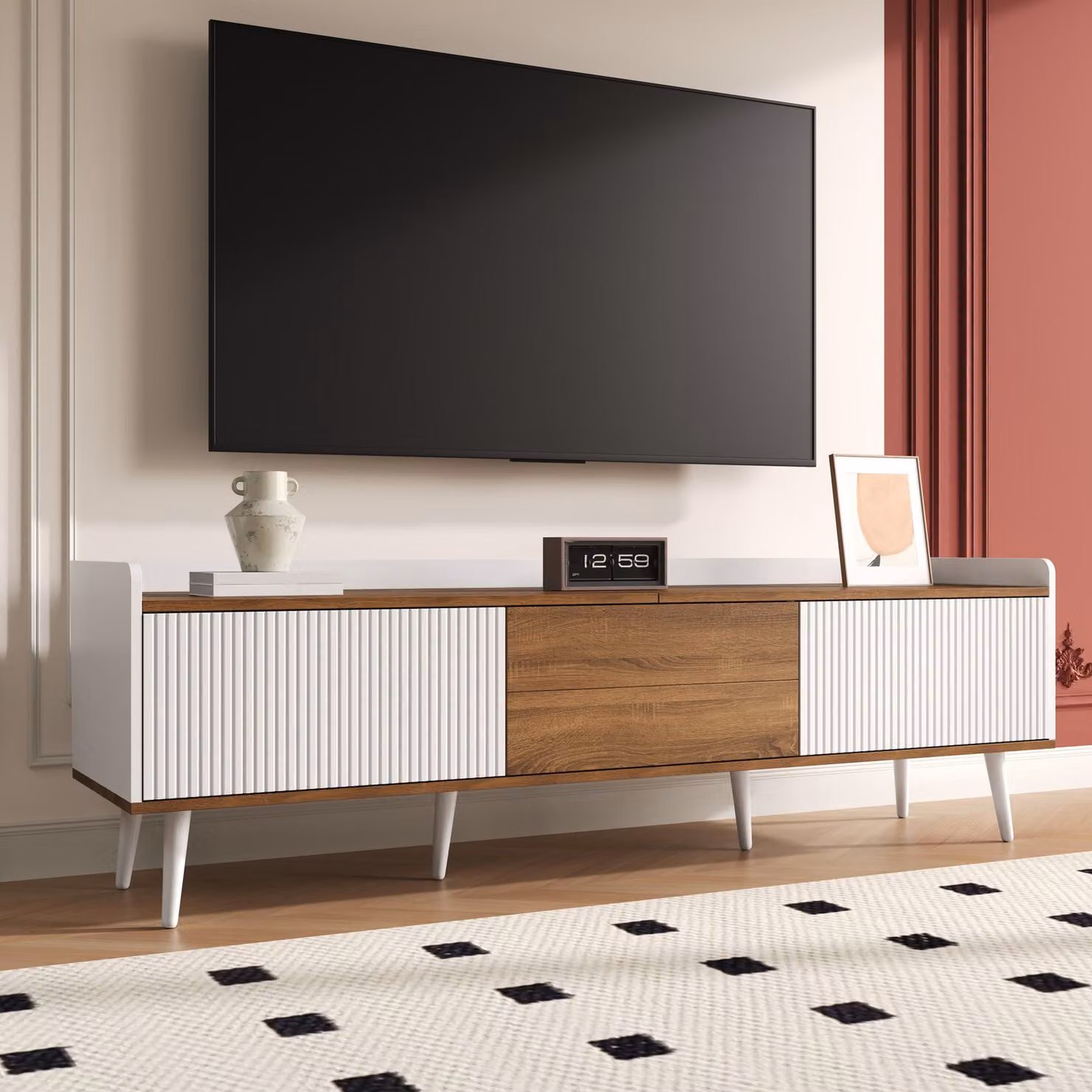 Mobile TV moderno GL Store con 3 ante e gambe in legno, Colore Bianco e Naturale, L: 160 cm, P: 39 cm, H: 49,5 cm – 2