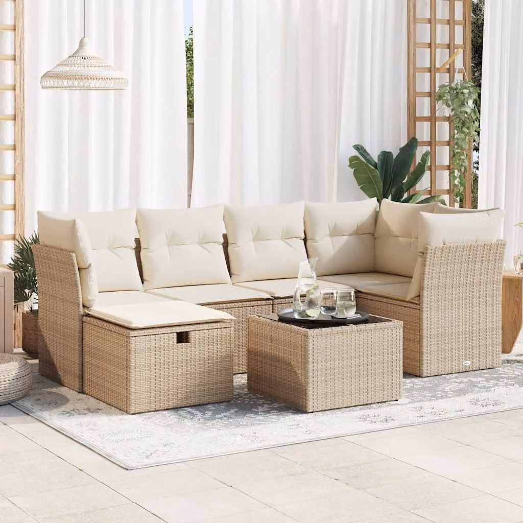 Set di divani da giardino vidaXL in 7 pezzi con polyrattan e cuscini beige per esterno