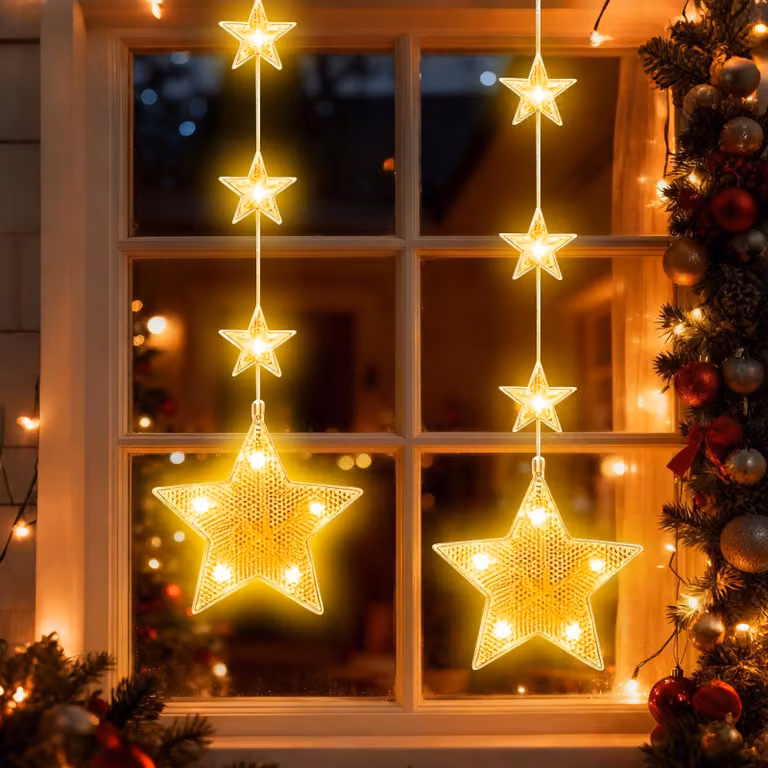 Luci natalizie a LED, 2 pezzi, luce bianco caldo, con ventose per decorazioni per finestre