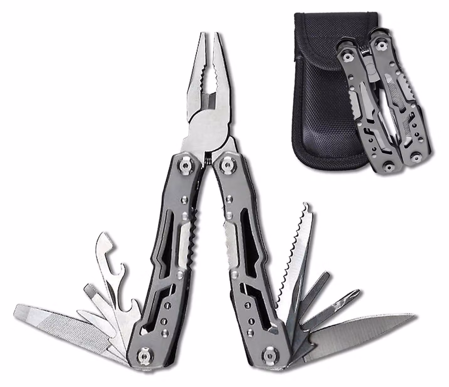Multiutensile tascabile multiattrezzo - 14 in 1 - Acciaio inossidabile - Pieghevole - Con custodia in nylon