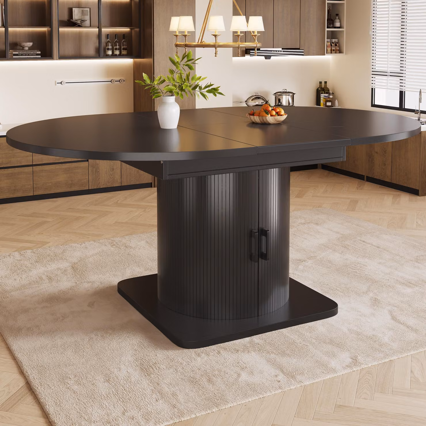Flieks Tavolo da pranzo allungabile con vano portaoggetti, tavolo multifunzionale con ripiani rimovibili, tavolo da cucina 118-158 x 118 x 76 cm, nero