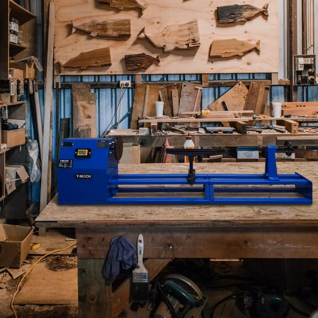 Tornio per legno da banco T-Mech blu con 4 velocità regolabili e 6 scalpelli inclusi, potenza 400W – 2