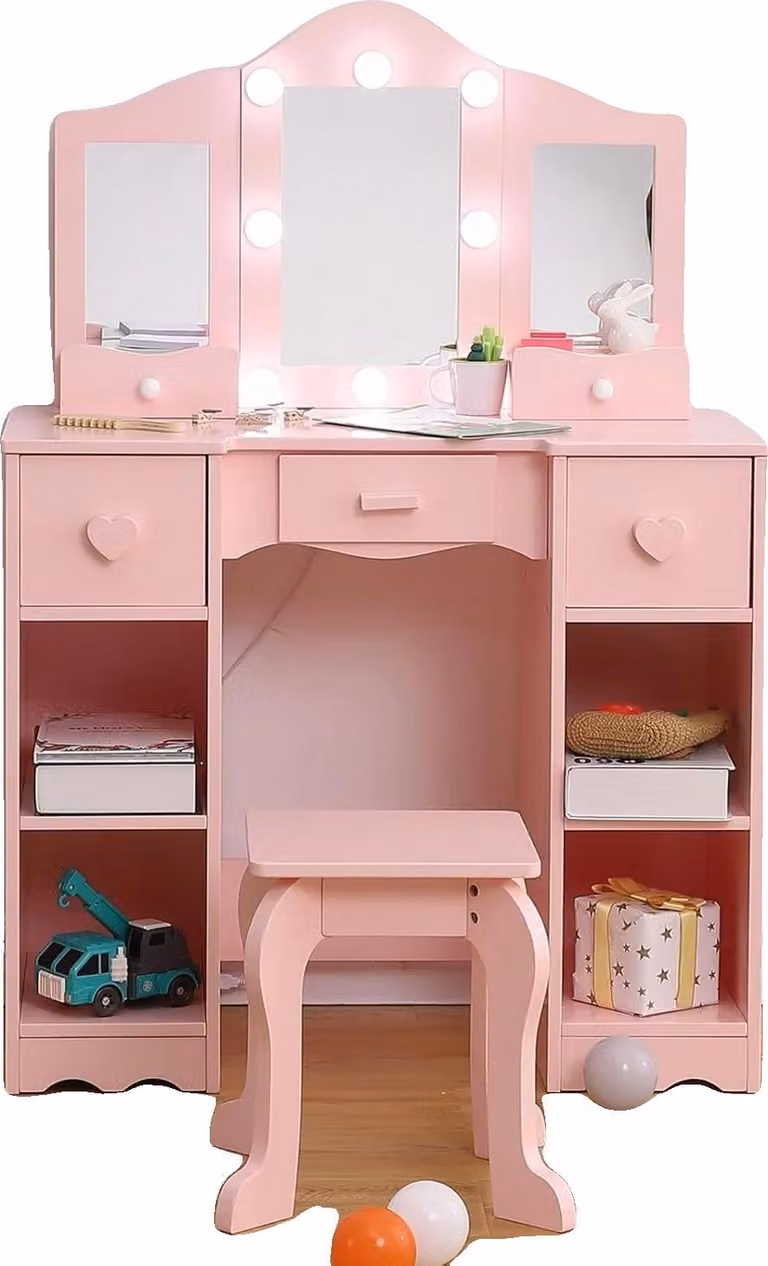 Tavolo da trucco per bambini, specchio rimovibile, ampio spazio contenitivo, rosa
