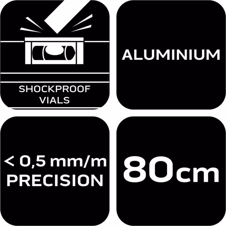 NEO TOOLS livella in alluminio, 0,5 mm/m 40, 60, 80, 100, 120, 150, 200 cm livella con attacco antiurto - 80 cm