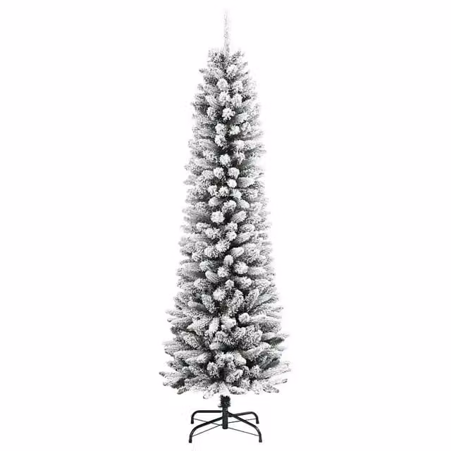 Albero di Natale artificiale sottile con neve floccata in PVC e PE, colore bianco e verde, Altezza: 240 cm