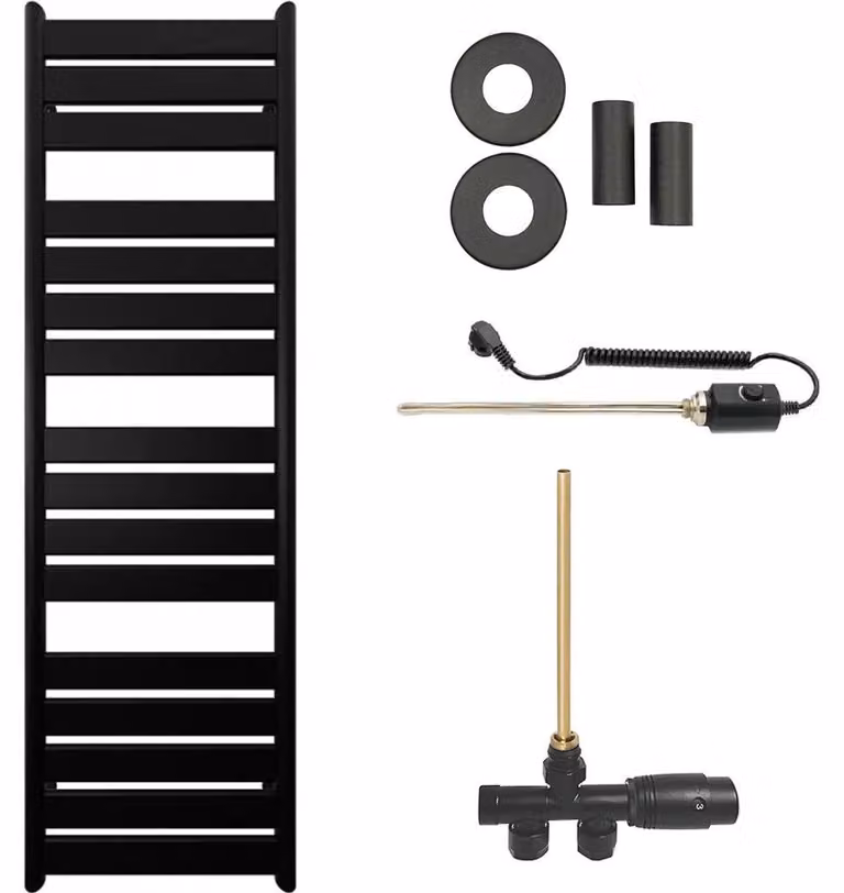 CERANO - Set radiatore da bagno Arturo - riscaldamento combinato, barra termica - attacco laterale a punto singolo - 859 W - nero opaco - 1600 x 500 mm