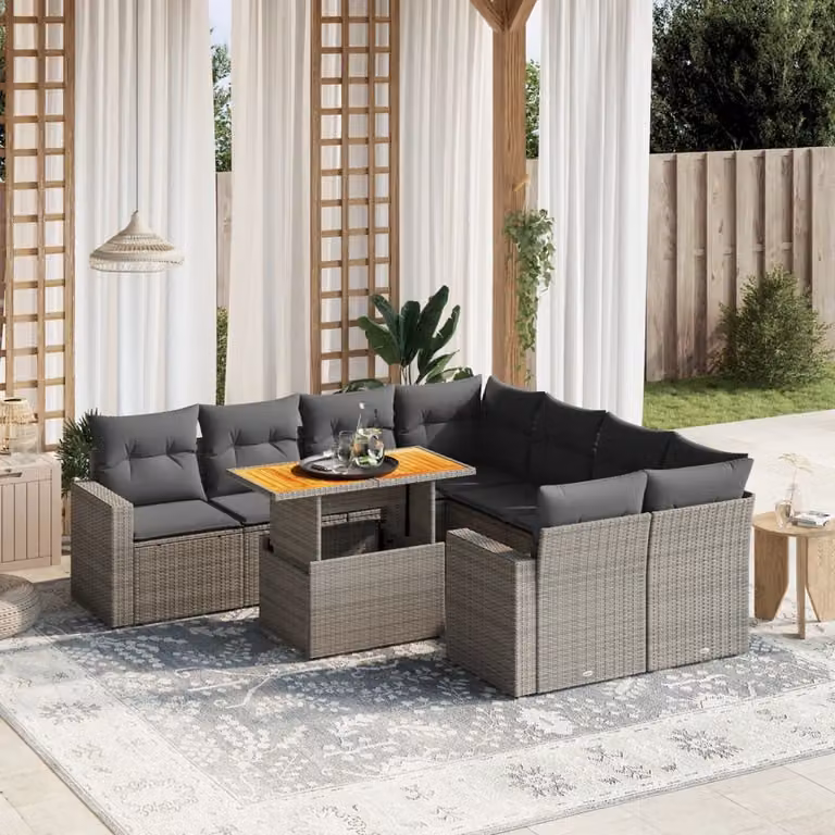 vidaXL Set Divano da Giardino a L 9 pz in Polyrattan Grigio con Cuscini e Tavolino