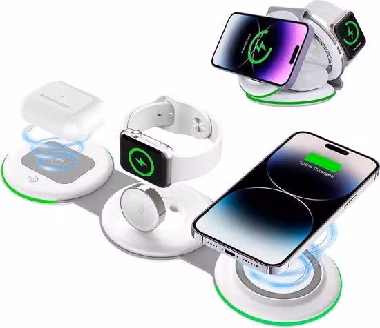 Stazione di ricarica wireless bianca con USB-C per smartphone, auricolari e smartwatch
