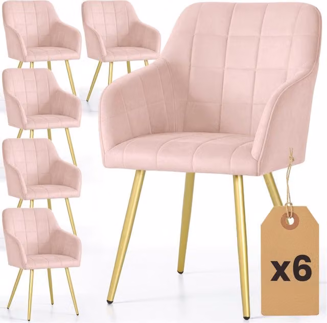Set di 6 Sedie imbottite con cuciture quadrate LUXANO Rosa Cipria gambe oro
