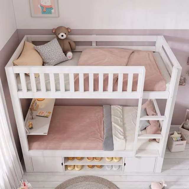 Letto a castello per bambini bianco - Zephmum- 90x200 cm con tavolo pieghevole e scaffale per scarpe, certificato EN 747, senza materasso