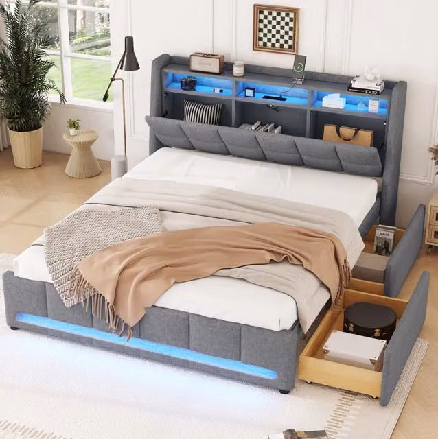 Letto imbottito 140 x 200 cm in lino grigio con LED APP; USB; vano e 2 cassetti