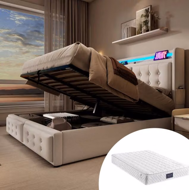 Letto 140x200 cm con contenitore, LED, prese USB e USB-C, materasso H3 beige