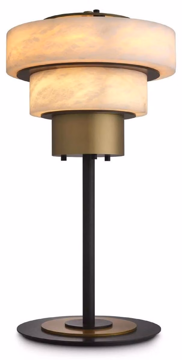 Casa Padrino lampada da tavolo in ottone antico / alabastro Ø 35 x H. 66,5 cm - Lampada da scrittura rotonda in metallo con paralumi in alabastro - Collezione Luxury