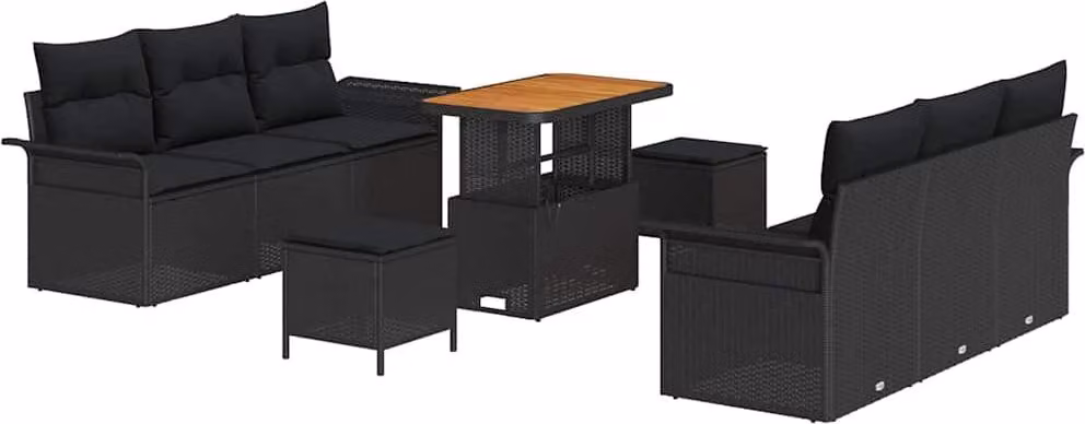 Set Divano da Giardino con cuscino 9 pcs Nero polyrattan