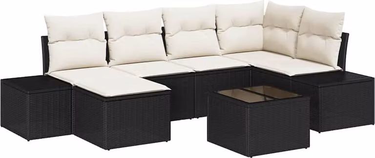 Set Divano da Giardino 7 pcs Nero e crema Poly Rattan