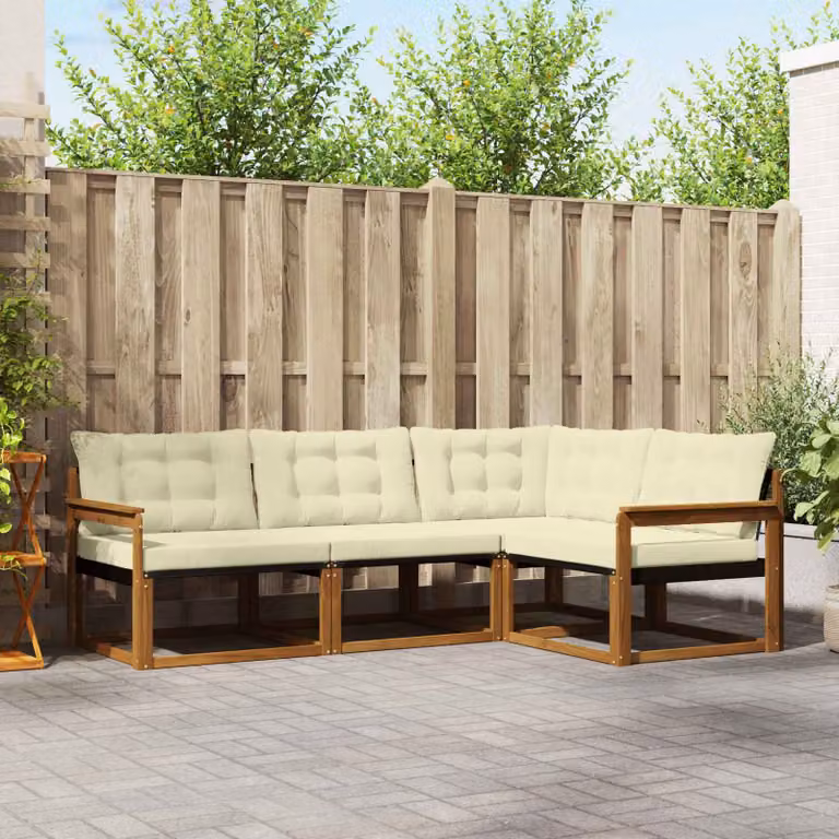 Set di divani da esterno vidaXL a forma di L composto da 4 pezzi in legno di acacia con cuscini in tessuto beige e crema