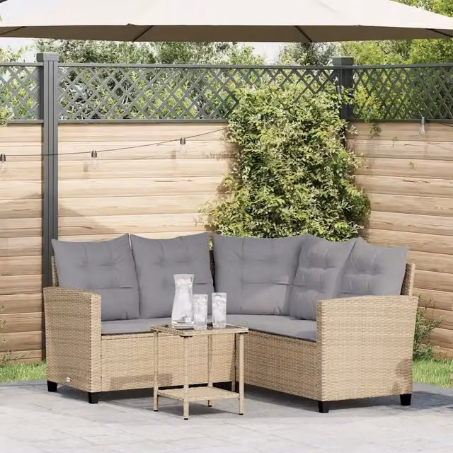 Divano da Giardino con Tavolo e Cuscini a L-Sofa da Giardino-Divano da esterno Beige in Polyrattan 763489