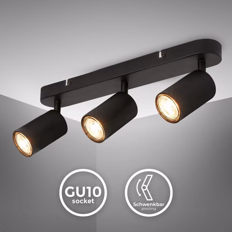 B.K.Licht - Lampada da soffitto orientabile, lampada da soffitto GU10, lampada a 3 lampade, spot da soffitto, lampada da soggiorno, lampada da camera da letto, lampada da cucina, lunghezza 39 cm, nero