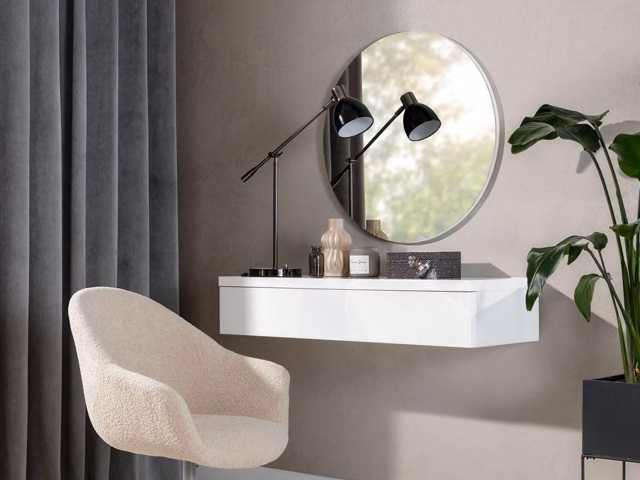 Tavolino da toilette SANCO - bianco / bianco lucido + specchio a muro GRATIS