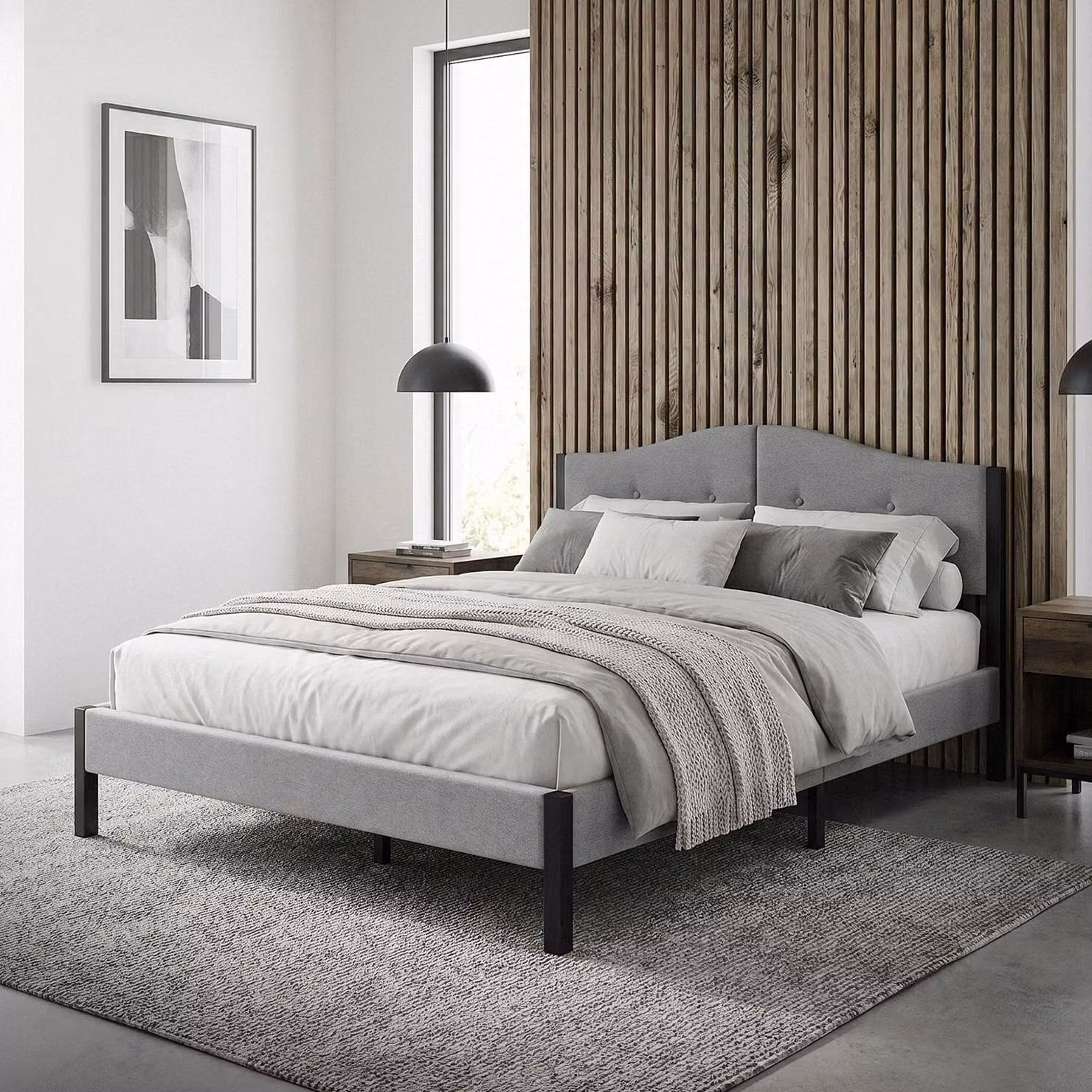 Letto imbottito ML-Design 140x200 cm, grigio. Letto matrimoniale con solida struttura, testiera e rete a doghe. Letto moderno per ragazzi rivestito in tessuto di lino.